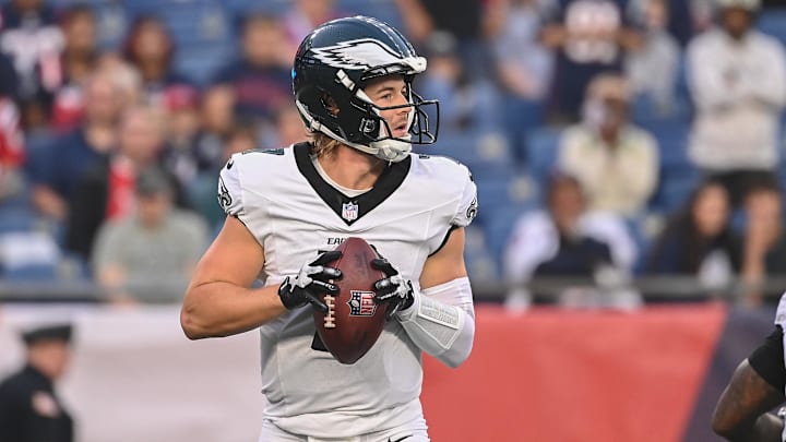 Aug 15, 2024; Foxborough, MA, USA; Philadelphia Eagles quarterback Kenny Pickett (7) looks to pass the ball during the first half against the New England Patriots at Gillette Stadium. Mandatory Credit: Eric Canha-Imagn Images