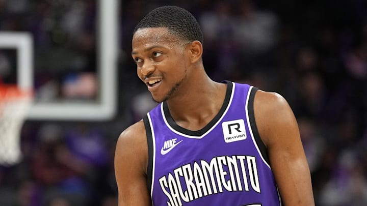 Nov 24, 2024; Sacramento, California, USA; Sacramento Kings guard De'Aaron Fox (5) during the fourth quarter against the Brooklyn Nets at Golden 1 Center. Mandatory Credit: Darren Yamashita-Imagn Images Nov 24, 2024; Sacramento, California, USA; Sacramento Kings guard De'Aaron Fox (5) during the fourth quarter against the Brooklyn Nets at Golden 1 Center. Mandatory Credit: Darren Yamashita-Imagn Images