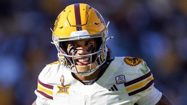 Oct 18, 2025; Tempe, Arizona, USA; Arizona State Sun Devils wide receiver Jordyn Tyson (0) against the Texas Tech Red Raiders at Mountain America Stadium. Mandatory Credit: Mark J. Rebilas-Imagn Images