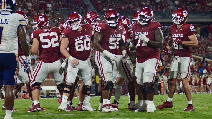Oklahoma offensive linemen Noah Best, Caleb Nitta, Eddy Pierre-Louis and Peyton Joseph break the huddle against UTEP.