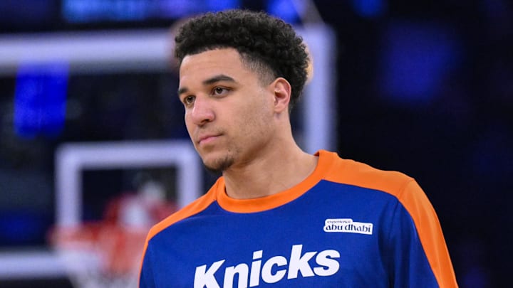 Apr 1, 2025; New York, New York, USA; New York Knicks forward Kevin McCullar Jr. (9) warms up before a game against the Philadelphia 76ers at Madison Square Garden. Mandatory Credit: John Jones-Imagn Images
