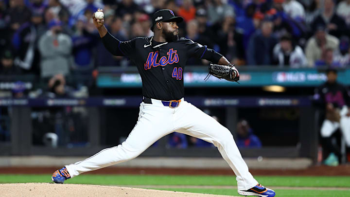 Oct 16, 2024; New York City, New York, USA; New York Mets pitcher Luis Severino (40) throws a pitch against the Los Angeles Dodgers in the first inning during game three of the NLCS for the 2024 MLB playoffs at Citi Field. Mandatory Credit: Wendell Cruz-Imagn Images