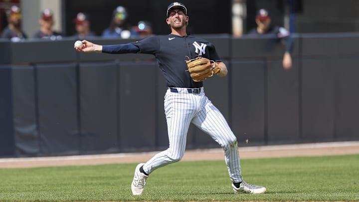 Mar 5, 2026; Tampa, Florida, USA; New York Yankees shortstop Ryan McMahon (19) throws to first against the Minnesota Twins in the fourth inning during spring training at George M. Steinbrenner Field. Mandatory Credit: Nathan Ray Seebeck-Imagn Images Mar 5, 2026; Tampa, Florida, USA; New York Yankees shortstop Ryan McMahon (19) throws to first against the Minnesota Twins in the fourth inning during spring training at George M. Steinbrenner Field. Mandatory Credit: Nathan Ray Seebeck-Imagn Images