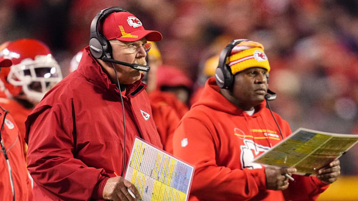 Nov 1, 2021; Kansas City, Missouri, USA; Kansas City Chiefs head coach Andy Reid (left) and offensive coordinator Eric Bieniemy (right) look on from the sideline during the first quarter against the New York Giants at GEHA Field at Arrowhead Stadium. Mandatory Credit: Jay Biggerstaff-Imagn Images