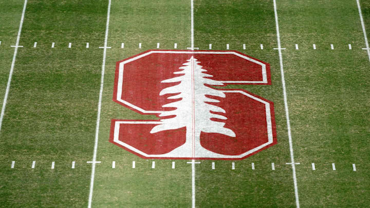 Oct 17, 2019; Stanford, CA, USA; Detailed view of the Stanford Cardinal logo at midfield at Stanford Stadium. Mandatory Credit: Kirby Lee-Imagn Images