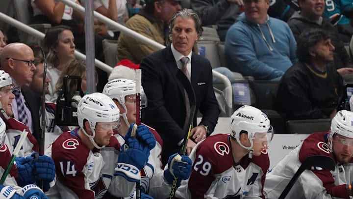 Dec 19, 2024; San Jose, California, USA; Colorado Avalanche head coach Jared Bednar watches the action from the bench during a game against the San Jose Sharks in the first period at SAP Center at San Jose. Mandatory Credit: David Gonzales-Imagn Images Dec 19, 2024; San Jose, California, USA; Colorado Avalanche head coach Jared Bednar watches the action from the bench during a game against the San Jose Sharks in the first period at SAP Center at San Jose. Mandatory Credit: David Gonzales-Imagn Images
