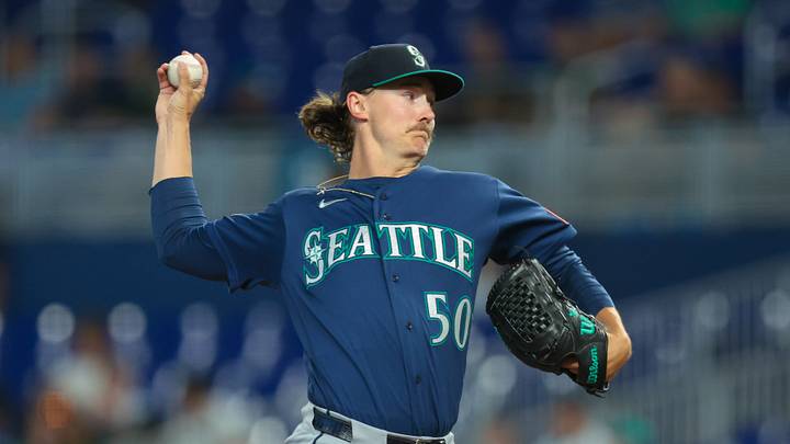 Jul 9, 2026; Miami, Florida, USA; Seattle Mariners starting pitcher Bryce Miller (50) delivers a pitch against the Miami Marlins during the first inning at loanDepot Park. Mandatory Credit: Sam Navarro-Imagn Images Jul 9, 2026; Miami, Florida, USA; Seattle Mariners starting pitcher Bryce Miller (50) delivers a pitch against the Miami Marlins during the first inning at loanDepot Park. Mandatory Credit: Sam Navarro-Imagn Images