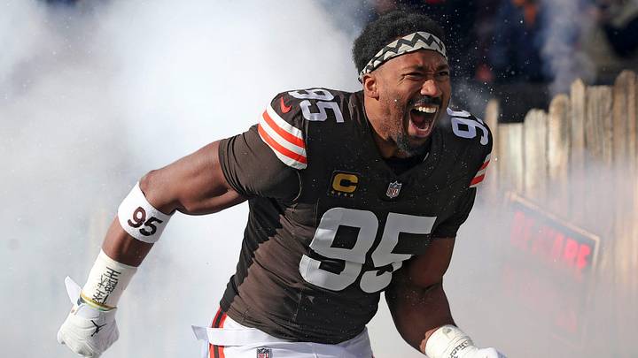 Cleveland Browns defensive end Myles Garrett (95) takes the field before an NFL football game at Huntington Bank Field, Dec. 21, 2025, in Cleveland, Ohio.