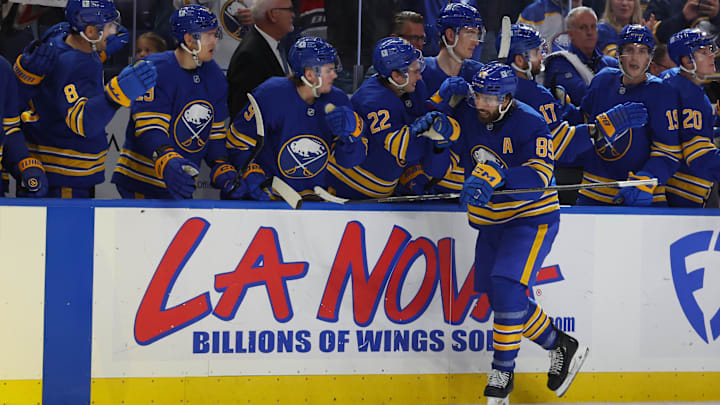 Oct 12, 2024; Buffalo, New York, USA;  Buffalo Sabres right wing Alex Tuch (89) celebrates his goal with teammates during the third period against the Florida Panthers at KeyBank Center. Mandatory Credit: Timothy T. Ludwig-Imagn Images