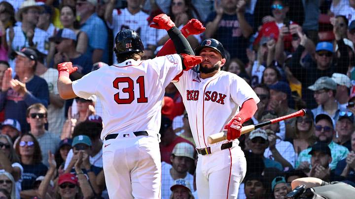 Sep 7, 2026; Boston, Massachusetts, USA; Boston Red Sox catcher Adley Rutschman (31) celebrates a three-run home run against the Los Angeles Angels with right fielder Wilyer Abreu (52) during the second inning at Fenway Park. Mandatory Credit: Eric Canha-Imagn Images Sep 7, 2026; Boston, Massachusetts, USA; Boston Red Sox catcher Adley Rutschman (31) celebrates a three-run home run against the Los Angeles Angels with right fielder Wilyer Abreu (52) during the second inning at Fenway Park. Mandatory Credit: Eric Canha-Imagn Images