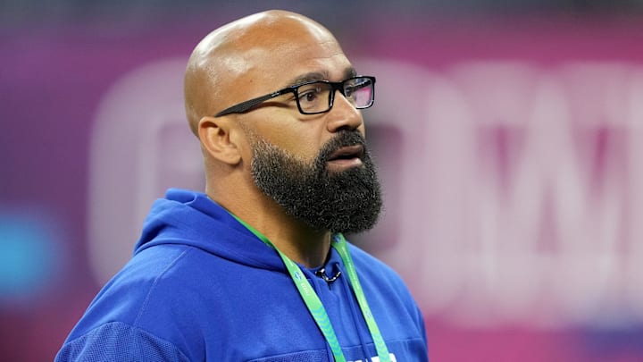 Mar 2, 2024; Indianapolis, IN, USA; New York Giants running backs coach Joel Thomas during the 2024 NFL Combine at Lucas Oil Stadium.  