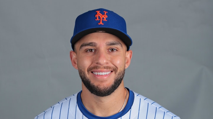 Feb 20, 2025; Port St. Lucie, FL, USA; New York Mets third baseman Nick Madrigal (11) poses for a photo during picture day at Clover Park. Mandatory Credit: Sam Navarro-Imagn Images