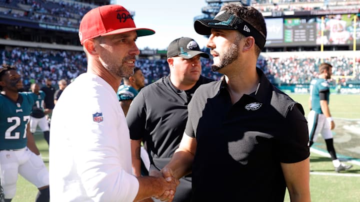 San Francisco 49ers head coach Kyle Shanahan (L) and Philadelphia Eagles Nick Sirianni (R)