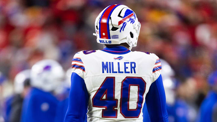 Jan 26, 2025; Kansas City, MO, USA; Detailed view of the jersey of Buffalo Bills linebacker Von Miller (40) against the Kansas City Chiefs during the AFC Championship game at GEHA Field at Arrowhead Stadium. Jan 26, 2025; Kansas City, MO, USA; Detailed view of the jersey of Buffalo Bills linebacker Von Miller (40) against the Kansas City Chiefs during the AFC Championship game at GEHA Field at Arrowhead Stadium.