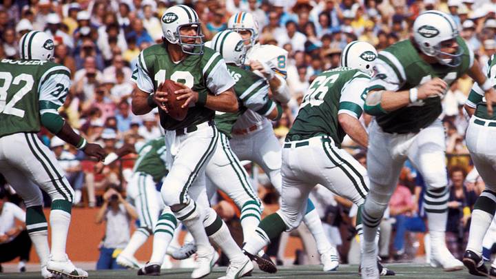 Nov 19, 1972; Miami, FL, USA; FILE PHOTO; New York Jets quarterback Joe Namath (12) in action against the Miami Dolphins at the Orange Bowl. The Dolphins defeated the Jets 28-24. Mandatory Credit: Malcolm Emmons-USA TODAY Sports