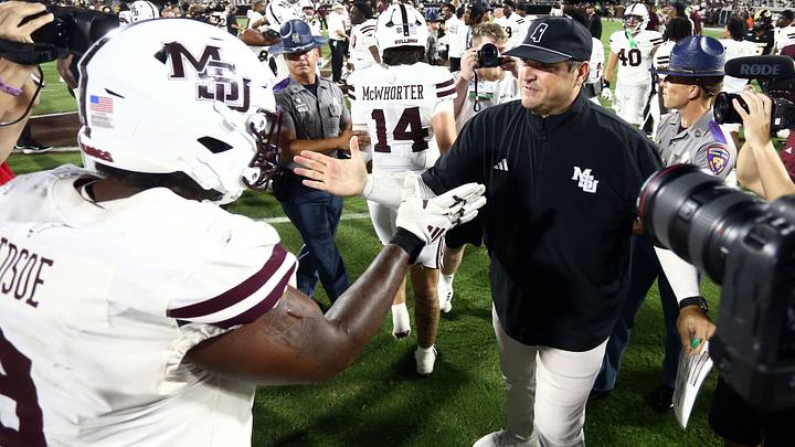 Mississippi State Bulldogs head coach Jeff Lebby reacts with defensive lineman Jaray Bledsoe (9) after defeating the Missouri Tigers at Davis Wade Stadium at Scott Field. Mississippi State Bulldogs head coach Jeff Lebby reacts with defensive lineman Jaray Bledsoe (9) after defeating the Missouri Tigers at Davis Wade Stadium at Scott Field.