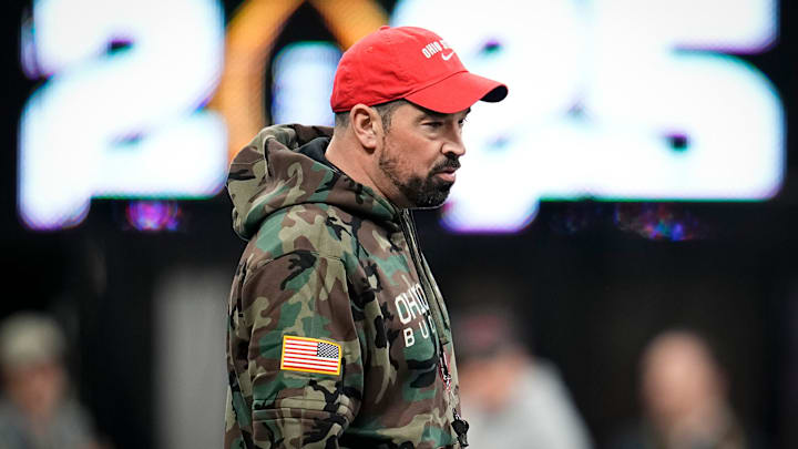 Ohio State Buckeyes head coach Ryan Day leads practice for the College Football Playoff against the Notre Dame Fighting Irish at the Mercedes-Benz Stadium in Atlanta on Jan. 18, 2025.