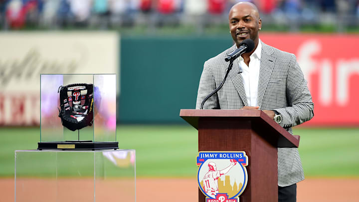 Former Philadelphia Phillies shortstop Jimmy Rollins is honored prior to the game against the Washington Nationals. Former Philadelphia Phillies shortstop Jimmy Rollins is honored prior to the game against the Washington Nationals.