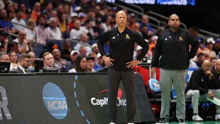 Mar 20, 2026; Tampa, FL, USA; Prairie View A&M Panthers head coach Byron Smith looks on during the first half against the Florida Gators during a first round game of the men's 2026 NCAA Tournament at Benchmark International Arena. Mandatory Credit: Matt Pendleton-Imagn Images