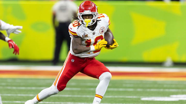 Feb 9, 2025; New Orleans, LA, USA;  Kansas City Chiefs running back Isiah Pacheco (10) against the Philadelphia Eagles in Super Bowl LIX at Ceasars Superdome. Mandatory Credit: Mark J. Rebilas-Imagn Images