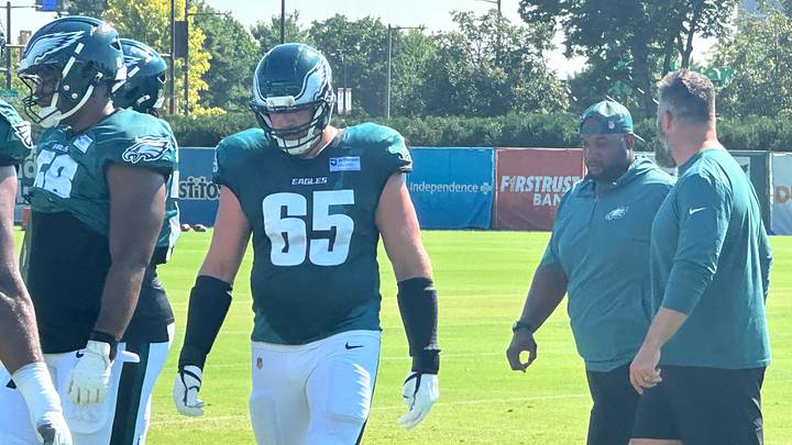 Eagles' RT Lane Johnson returned to practice on Aug. 7, 2026. Eagles' RT Lane Johnson returned to practice on Aug. 7, 2026.