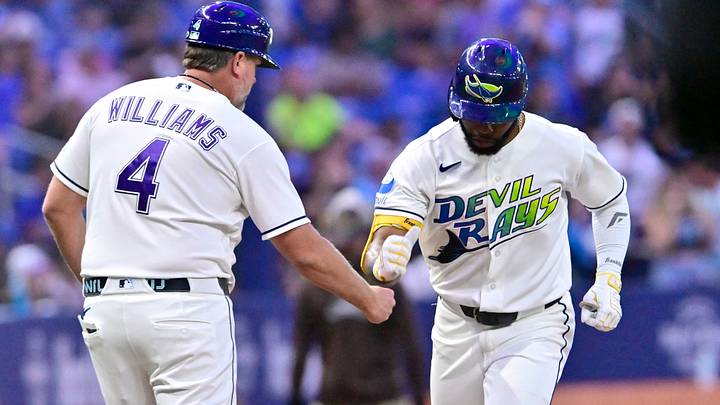 Aug 28, 2026; St. Petersburg, Florida, USA; Tampa Bay Rays outfielder Cedric Mullins, right, celebrates a home run with third base coach Brady Williams (4) during the seventh inning against San Diego Padres at Tropicana Field. Mandatory Credit: Pablo Robles-Imagn Images Aug 28, 2026; St. Petersburg, Florida, USA; Tampa Bay Rays outfielder Cedric Mullins, right, celebrates a home run with third base coach Brady Williams (4) during the seventh inning against San Diego Padres at Tropicana Field. Mandatory Credit: Pablo Robles-Imagn Images