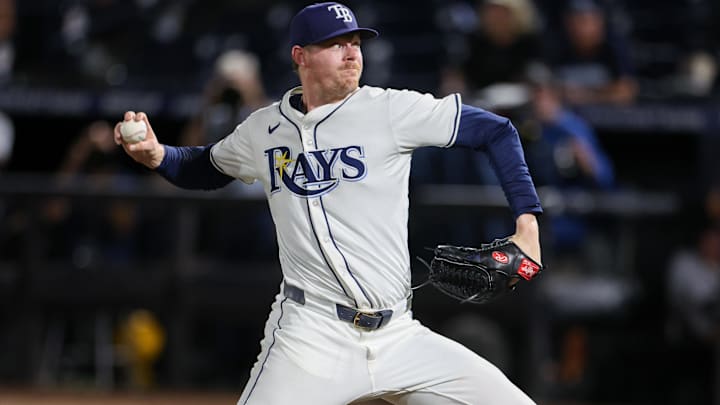 Sep 4, 2025; Tampa, Florida, USA; Tampa Bay Rays pitcher Pete Fairbanks (29) throws a pitch against the Cleveland Guardians in the ninth inning at George M. Steinbrenner Field.