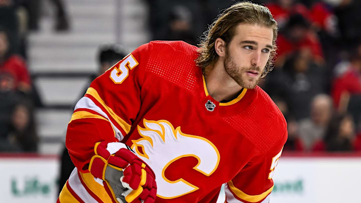 Jan 16, 2024; Calgary, Alberta, CAN; Calgary Flames defenseman Noah Hanifin (55) takes to the ice