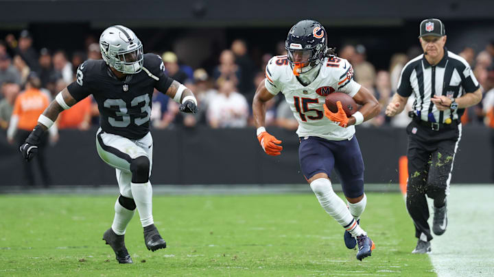 Chicago Bears wide receiver and former Washington Husky Rome Odunze (15) carries the ball during the Bears' 25-24 Week 5 win over the Las Vegas Raiders.