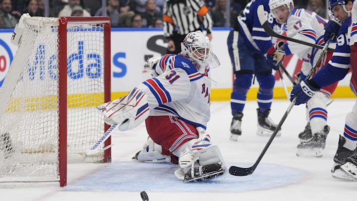 Mar 25, 2026; Toronto, Ontario, CAN; New York Rangers goaltender Igor Shesterkin (31) makes a save against the Toronto Maple Leafs during the third period at Scotiabank Arena. Mandatory Credit: John E. Sokolowski-Imagn Images Mar 25, 2026; Toronto, Ontario, CAN; New York Rangers goaltender Igor Shesterkin (31) makes a save against the Toronto Maple Leafs during the third period at Scotiabank Arena. Mandatory Credit: John E. Sokolowski-Imagn Images