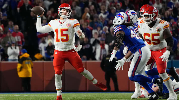 Chiefs quarterback Patrick Mahomes was regularly under duress in their loss to the Bills on Sunday.
