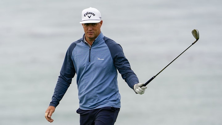 Feb 3, 2024; Pebble Beach, California, USA; Alex Noren acknowledges the crowd after making his chip