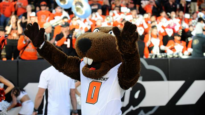 Oct 4, 2014; Boulder, CO, USA; Oregon State Beavers mascot Benny reacts to the win over the Colorado Buffaloes at Folsom Field. The Beavers defeated the Buffaloes 36-31. Mandatory Credit: Ron Chenoy-USA TODAY Sports Oct 4, 2014; Boulder, CO, USA; Oregon State Beavers mascot Benny reacts to the win over the Colorado Buffaloes at Folsom Field. The Beavers defeated the Buffaloes 36-31. Mandatory Credit: Ron Chenoy-USA TODAY Sports