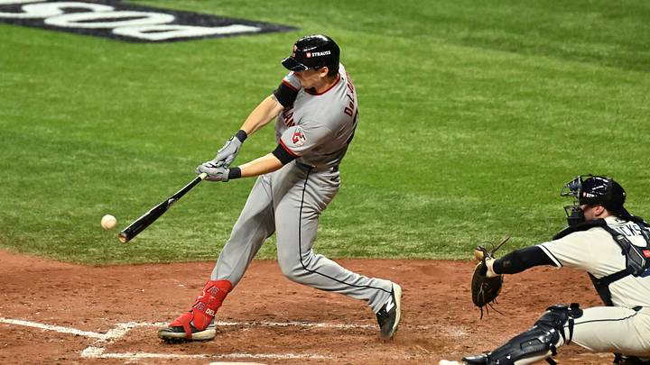 Oct 12, 2026; St. Petersburg, Florida, USA; Cleveland Guardians outfielder Chase DeLauter (24) hits a double against the Tampa Bay Rays during the eighth inning in game one of the ALCS for the 2026 MLB Playoffs at Tropicana Field. Mandatory Credit: Jonathan Dyer-Imagn Images Oct 12, 2026; St. Petersburg, Florida, USA; Cleveland Guardians outfielder Chase DeLauter (24) hits a double against the Tampa Bay Rays during the eighth inning in game one of the ALCS for the 2026 MLB Playoffs at Tropicana Field. Mandatory Credit: Jonathan Dyer-Imagn Images