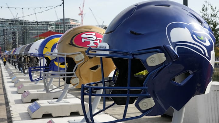 Oct 7, 2023; London, United Kingdom; Large oversized helmets of the Seattle Seahawks, San Francisco 49ers and Los Angeles Rams at the NFL Experience London at the Battersea Power Station.