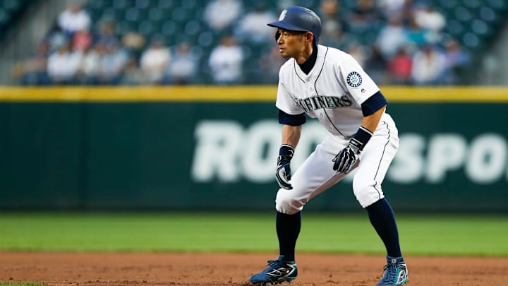 Seattle Mariners left fielder Ichiro Suzuki takes a lead against the Oakland Athletics on May 3, 2018, at Safeco Field.