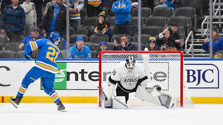 Jan 24, 2026; St. Louis, Missouri, USA; Los Angeles Kings goaltender Darcy Kuemper (35) makes a glove save against St. Louis Blues right wing Jimmy Snuggerud (21) in shootouts at Enterprise Center. Mandatory Credit: Jeff Curry-Imagn Images