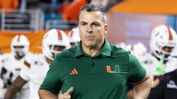 Jan 19, 2026; Miami Gardens, FL, USA; Miami Hurricanes head coach Mario Cristobal against the Indiana Hoosiers during the College Football Playoff National Championship game at Hard Rock Stadium. Mandatory Credit: Mark J. Rebilas-Imagn Images