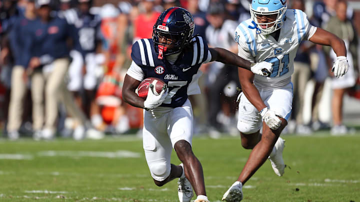 Nov 8, 2025; Oxford, Mississippi, USA; Mississippi Rebels wide receiver Winston Watkins (17) runs after a catch during the first quarter against The Citadel Bulldogs at Vaught-Hemingway Stadium. Mandatory Credit: Petre Thomas-Imagn Images