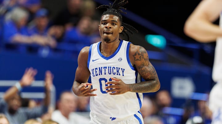 Oct 23, 2024; Lexington, KY, USA; Kentucky Wildcats guard Otega Oweh (0) celebrates after making a three point basket during the first half against the Kentucky Wesleyan Panthers at Rupp Arena at Central Bank Center. Mandatory Credit: Jordan Prather-Imagn Images