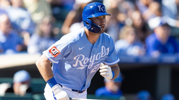 Feb 25, 2026; Surprise, Arizona, USA; Kansas City Royals outfielder Kameron Misner against the Seattle Mariners during a spring training game at Surprise Stadium. Mandatory Credit: Mark J. Rebilas-Imagn Images