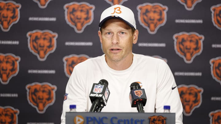 Jul 24, 2025; Lake Forest, IL, USA; Chicago Bears head coach Ben Johnson speaks during training camp at Halas Hall. Mandatory Credit: Kamil Krzaczynski-Imagn Images