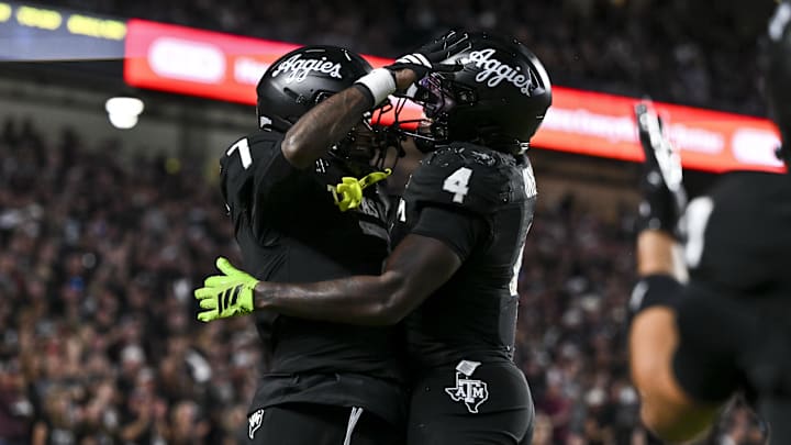 Texas A&M Aggies wide receiver KC Concepcion celebrates with running back Rueben Owens II after scoring a touchdown during the third quarter against the Mississippi State Bulldogs at Kyle Field.