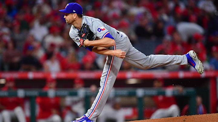 Sep 27, 2024; Anaheim, California, USA; Texas Rangers pitcher Jacob deGrom (48) throws against the Los Angeles Angels during the first inning at Angel Stadium. 