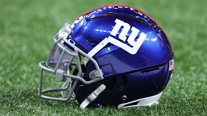 Dec 17, 2023; New Orleans, Louisiana, USA; A detailed view of a New York Giants helmet before the game against the New Orleans Saints at Caesars Superdome. Dec 17, 2023; New Orleans, Louisiana, USA; A detailed view of a New York Giants helmet before the game against the New Orleans Saints at Caesars Superdome.