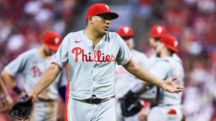 Aug 12, 2025; Cincinnati, Ohio, USA; Philadelphia Phillies starting pitcher Ranger Suarez (55) walks off the field during a pitching change in the sixth inning against the Cincinnati Reds at Great American Ball Park. Mandatory Credit: Katie Stratman-Imagn Images