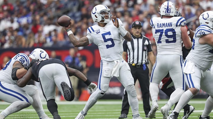Oct 27, 2024; Houston, Texas, USA; Indianapolis Colts quarterback Anthony Richardson (5) attempts a pass during the game against the Houston Texans at NRG Stadium. Mandatory Credit: Troy Taormina-Imagn Images