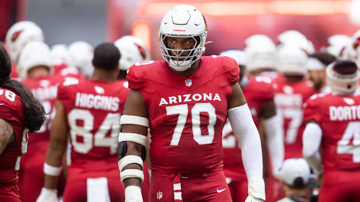 Nov 3, 2024; Glendale, Arizona, USA; Arizona Cardinals offensive tackle Paris Johnson Jr. (70) against the Chicago Bears at State Farm Stadium. Mandatory Credit: Mark J. Rebilas-Imagn Images