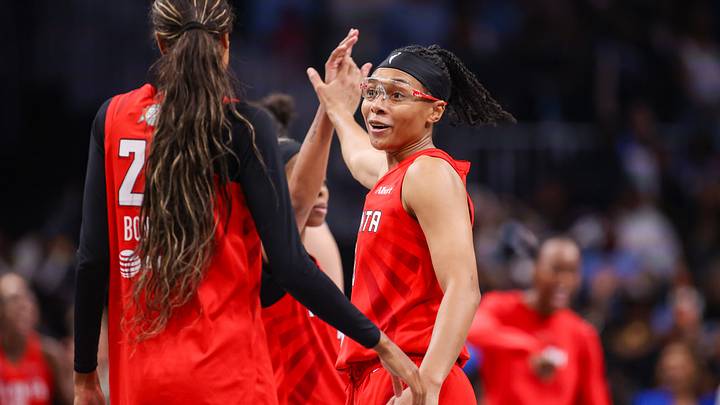 Oct 29, 2026; Atlanta, Georgia, USA; Atlanta Dream guard Allisha Gray (15) celebrates during a timeout with forward DeWanna Bonner (24) against the Golden State Valkyries in the fourth quarter during game six of the 2026 WNBA Finals at State Farm Arena. Mandatory Credit: Brett Davis-Imagn Images Oct 29, 2026; Atlanta, Georgia, USA; Atlanta Dream guard Allisha Gray (15) celebrates during a timeout with forward DeWanna Bonner (24) against the Golden State Valkyries in the fourth quarter during game six of the 2026 WNBA Finals at State Farm Arena. Mandatory Credit: Brett Davis-Imagn Images