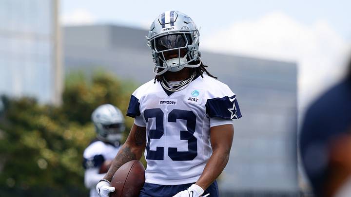 Dallas Cowboys running back Jaydon Blue goes through a drill during practice at the Ford Center at the Star Training Facility